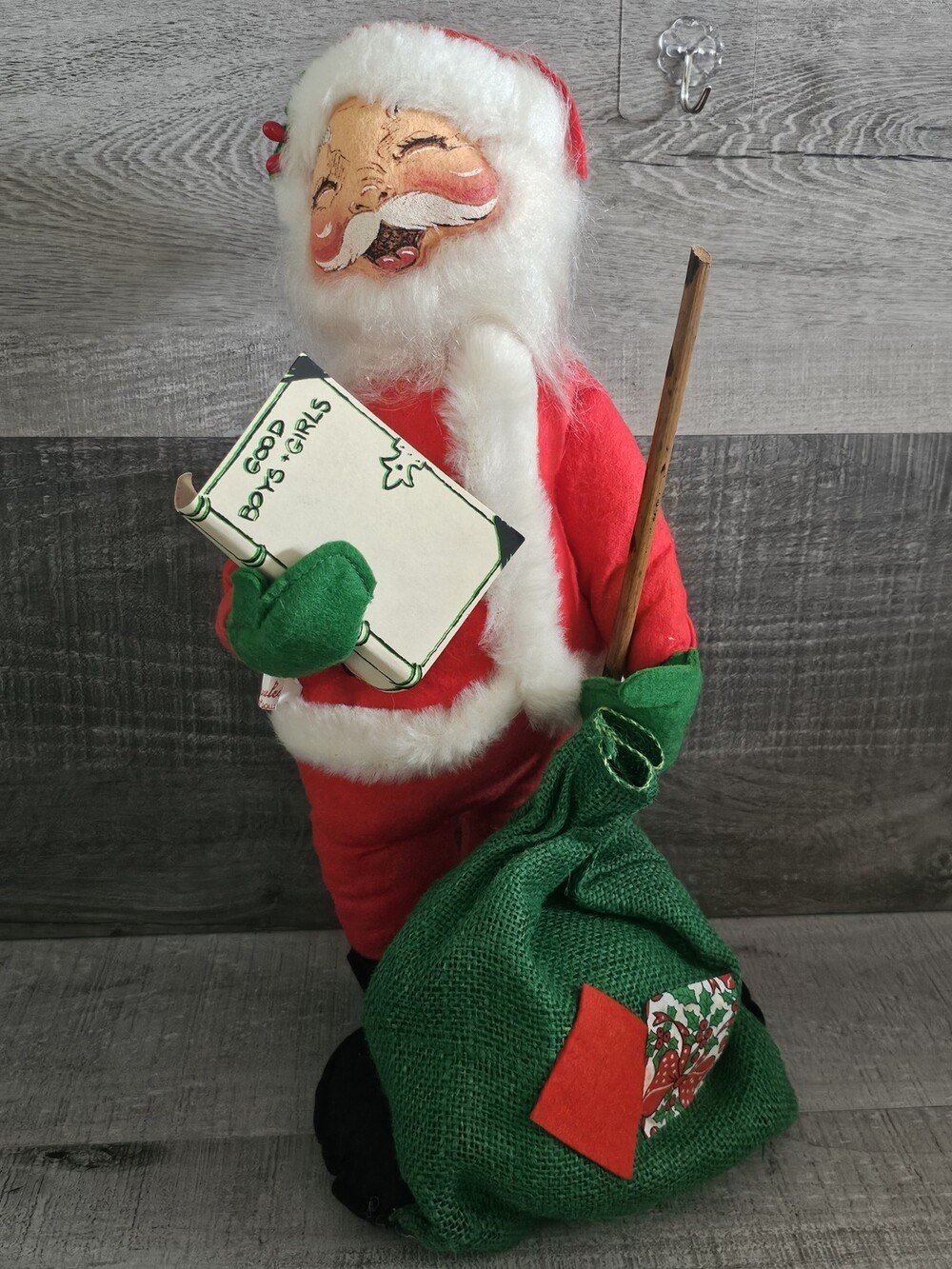 VTG 1972 Annalee Mobilitee Santa Claus W/ Black Toy Sack & Good List 16”